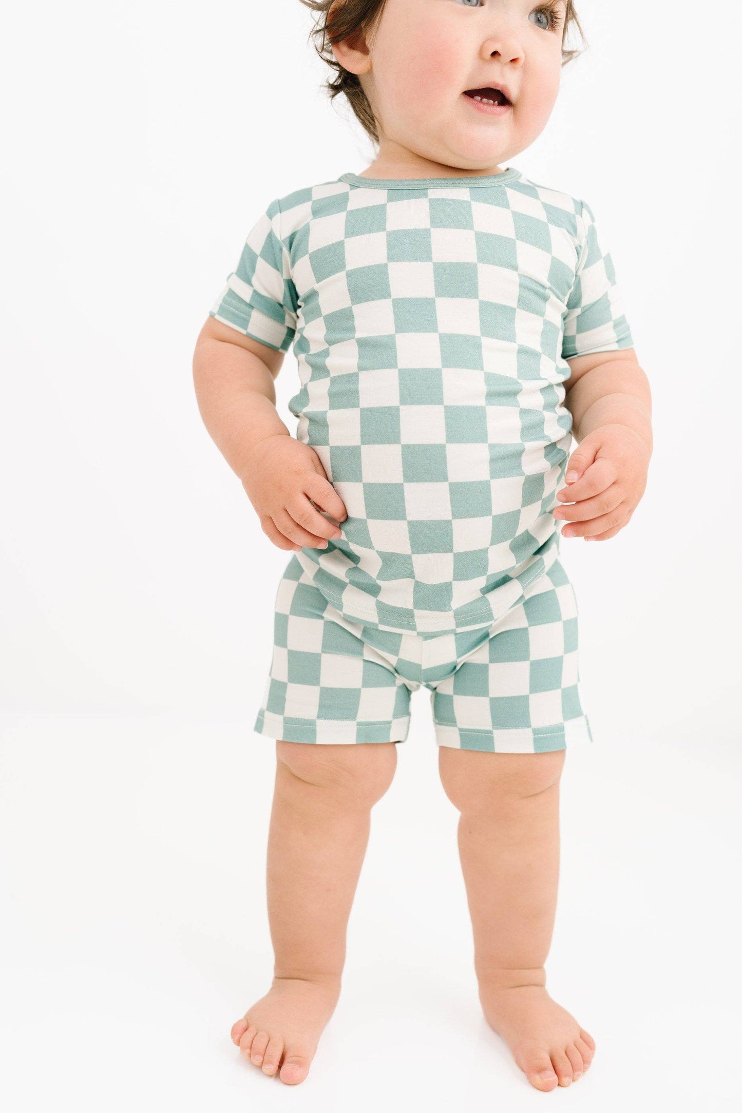 Seafoam Checkered Bamboo Shorts Set